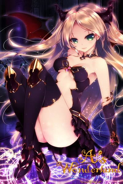 Anime picture 1000x1500 with a's wonderland shokuyou mogura single long hair tall image looking at viewer light erotic blonde hair bare shoulders green eyes horn (horns) magic girl thighhighs dress gloves weapon black thighhighs wings magic circle