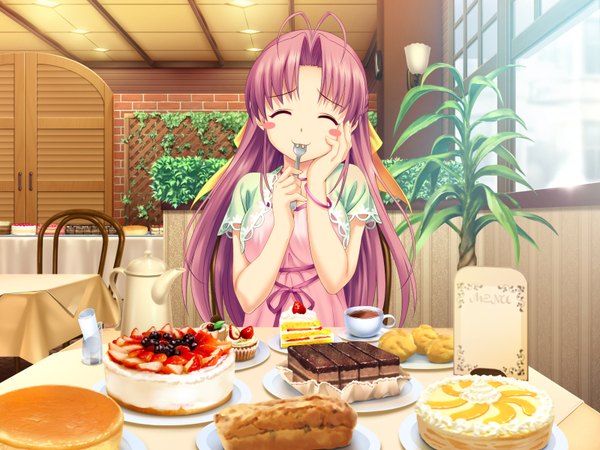 Anime picture 1600x1200 with tropical kiss aoi matsuri koutaro long hair pink hair game cg eyes closed girl food sweets