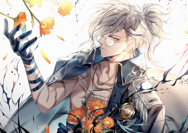 Anime picture 1500x1061 with fate (series) fate/grand order edmond dantes (fate/grand order) edmond dantes (monte cristo selection) (fate) s (olath) single long hair yellow eyes looking away silver hair upper body ponytail arm up official alternate costume scar clothes on shoulders boy flower (flowers) glasses pendant