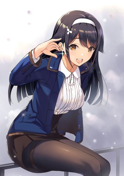 Anime picture 1000x1414 with azur lane choukai (azur lane) akanebi single long hair tall image looking at viewer blush fringe breasts open mouth black hair sitting brown eyes payot long sleeves :d arm up open jacket teeth