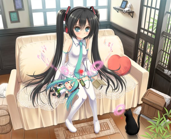 Anime picture 2880x2340 with vocaloid hatsune miku norita long hair highres black hair twintails aqua eyes girl thighhighs detached sleeves animal white thighhighs heart pillow cat couch doll (dolls)