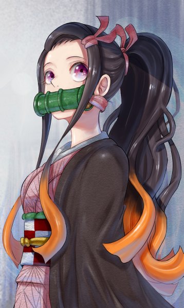 Anime picture 717x1200 with kimetsu no yaiba ufotable kamado nezuko r (ryo) single long hair tall image black hair simple background standing holding payot upper body ponytail traditional clothes japanese clothes pink eyes multicolored hair orange hair two-tone hair