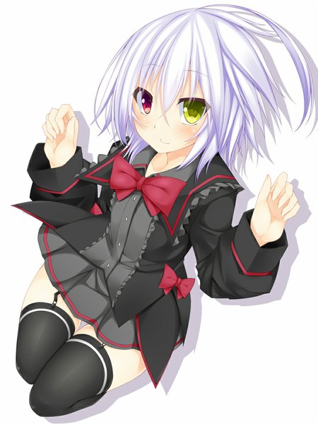 Anime picture 750x1000 with original suterii single tall image looking at viewer blush short hair simple background white background white hair shadow heterochromia girl thighhighs dress bow black thighhighs