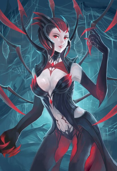 Anime picture 1000x1456 with league of legends elise (league of legends) yupi single tall image looking at viewer breasts light erotic smile red eyes standing red hair lips girl gloves navel black gloves elbow gloves claws spider web