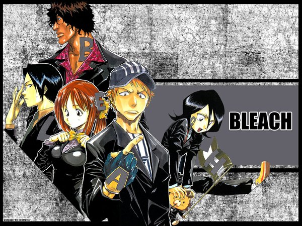 Anime picture 1024x768 with bleach studio pierrot kurosaki ichigo kuchiki rukia inoue orihime ishida uryuu kon sado yasutora long hair short hair black hair multiple girls profile orange hair copyright name dark skin looking down third-party edit girl boy