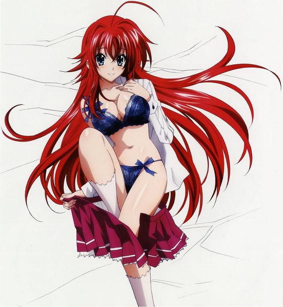Anime picture 4940x5370 with highschool dxd rias gremory mishima hiroji single long hair tall image looking at viewer highres breasts blue eyes light erotic smile large breasts white background absurdres red hair scan official art underwear only girl