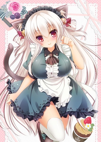 Anime picture 800x1126 with original rinka (yuyutei) single long hair tall image looking at viewer blush breasts smile red eyes large breasts animal ears white hair tail animal tail cat ears maid cat girl cat tail girl