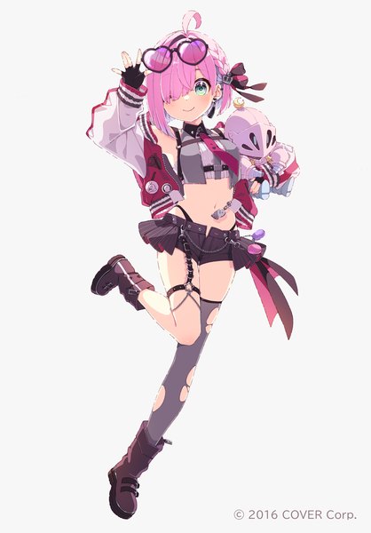 Anime picture 800x1147 with virtual youtuber hololive himemori luna luknight (himemori luna) himemori luna (5th costume) mamyouda single tall image looking at viewer fringe short hair simple background smile standing white background green eyes pink hair full body ahoge hair over one eye