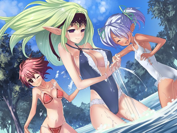 Anime picture 1024x768 with links! - kimi to seirei to tsukaima to long hair short hair light erotic multiple girls brown eyes blue hair game cg red hair one eye closed green hair pointy ears wink elf girl swimsuit water 3 girls