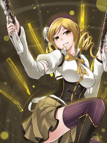 Anime picture 1024x1365 with mahou shoujo madoka magica shaft (studio) tomoe mami swordwaltz single long hair tall image looking at viewer blonde hair smile yellow eyes drill hair girl thighhighs dress weapon gun beret striped thighhighs rifle