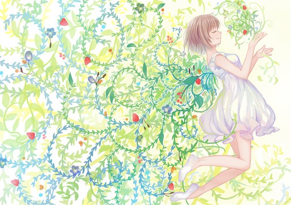 Anime picture 1440x1018 with original philomelalilium short hair blonde hair eyes closed girl dress flower (flowers) plant (plants) food berry (berries) strawberry