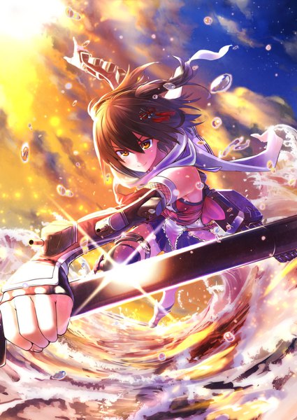 Anime picture 800x1130 with kantai collection sendai light cruiser rune (artist) single tall image looking at viewer fringe smile hair between eyes brown hair bare shoulders holding brown eyes cloud (clouds) full body bent knee (knees) pleated skirt sunlight two side up lens flare