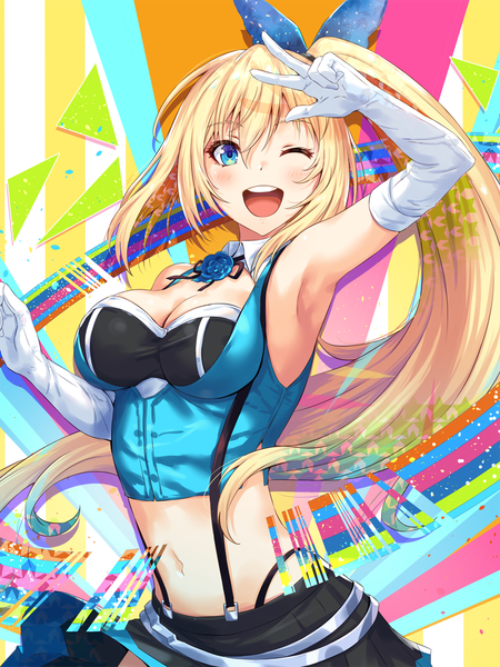 Anime picture 1000x1333 with virtual youtuber mirai akari project mirai akari sakiyamama single long hair tall image looking at viewer blush fringe breasts open mouth blue eyes blonde hair smile hair between eyes standing payot cleavage ponytail