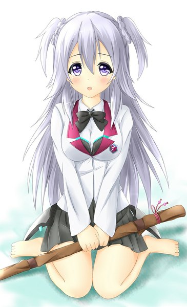 Anime picture 609x1000 with gakusen toshi asterisk toudou kirin tear yu single long hair tall image blush fringe breasts simple background large breasts sitting purple eyes silver hair :o two side up wariza girl skirt
