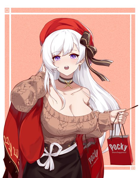 Anime picture 2480x3157 with azur lane belfast (azur lane) belfast (shopping with the head maid) (azur lane) jiusan naitan single long hair tall image looking at viewer blush fringe highres breasts open mouth light erotic simple background hair between eyes large breasts standing purple eyes holding