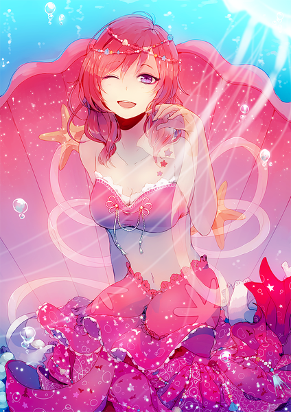 Anime picture 800x1132 with love live! school idol project sunrise (studio) love live! nishikino maki shiu single tall image looking at viewer short hair breasts open mouth purple eyes bare shoulders red hair one eye closed wink bare belly alternate costume happy girl