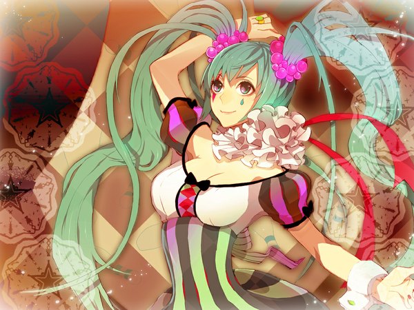 Anime picture 1024x768 with vocaloid hatsune miku amagi tenya (artist) long hair smile twintails cleavage green hair multicolored eyes face paint girl dress hair ornament