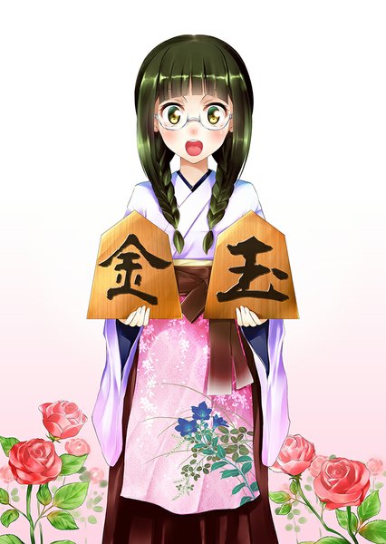 Anime picture 724x1020 with original shino miduki single long hair tall image looking at viewer blush open mouth white background yellow eyes braid (braids) green hair girl flower (flowers) glasses