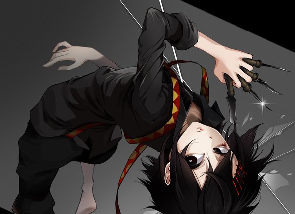 Anime picture 2048x1486 with tokyo ghoul studio pierrot suzuya juuzou kuroume single fringe highres short hair black hair simple background holding looking away black eyes grey background lens flare arched back boy hair ornament shirt bobby pin