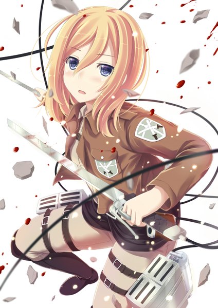 Anime picture 1000x1414 with shingeki no kyojin production i.g krista lenz mizunashi kenichi single tall image looking at viewer blush short hair blue eyes blonde hair white background holding open clothes open jacket dual wielding girl weapon sword boots