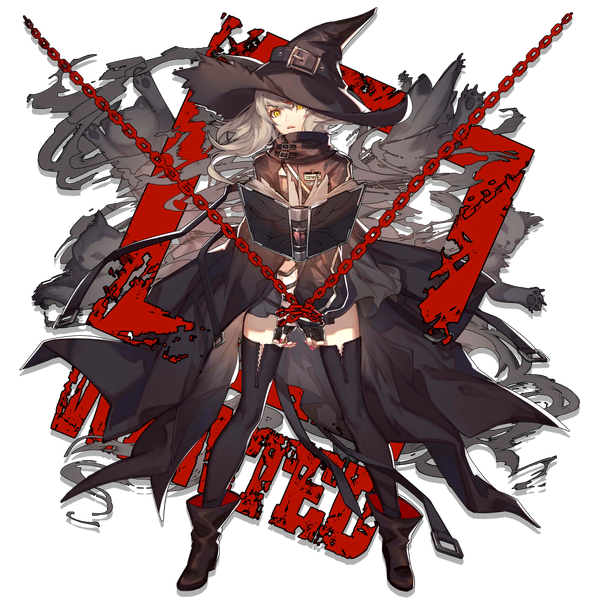 Anime-Bild 1024x1024 mit arknights haze (arknights) skade single long hair looking at viewer blonde hair standing yellow eyes full body official art transparent background bound hands elite ii (arknights) girl hat book (books) chain witch hat