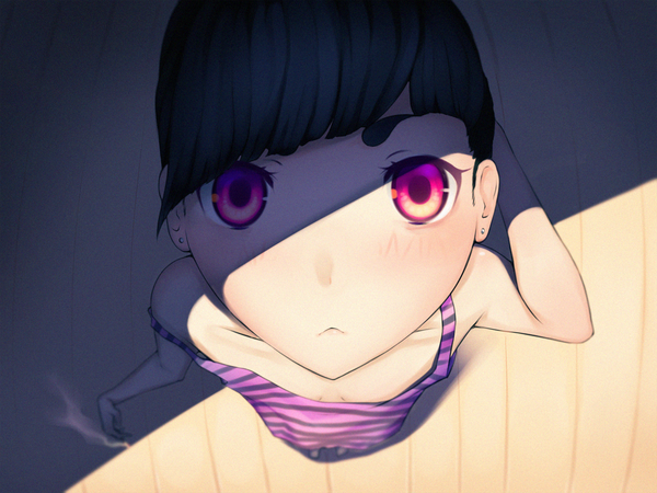 Anime picture 1280x960 with original kagamishiro single looking at viewer blush fringe black hair standing purple eyes holding from above shadow flat chest looking up shaded face smoke eyebrows floor girl earrings