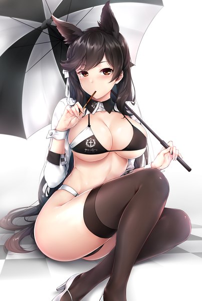 Anime picture 4700x7000 with azur lane atago (azur lane) atago (stunning speedster) (azur lane) rei kun single long hair tall image looking at viewer blush fringe highres breasts light erotic black hair simple background large breasts white background sitting holding brown eyes