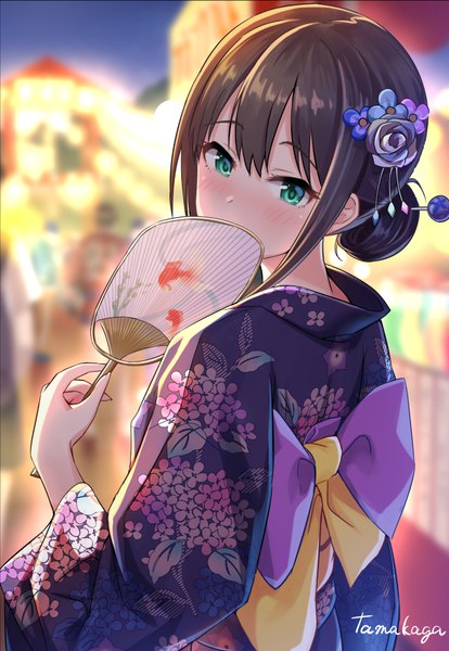 Anime picture 800x1159 with idolmaster idolmaster cinderella girls shibuya rin tamakaga tall image looking at viewer blush fringe short hair hair between eyes brown hair standing holding signed payot outdoors traditional clothes japanese clothes looking back hair flower