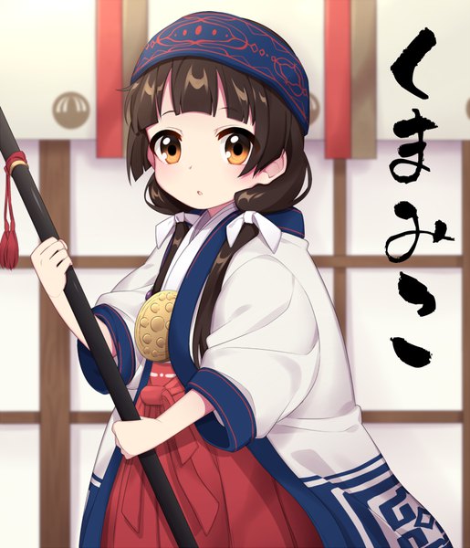 Anime picture 773x900 with kumamiko amayadori machi hinata (sky) single long hair tall image looking at viewer brown hair twintails brown eyes traditional clothes japanese clothes copyright name low twintails miko cute ainu clothes girl hairband