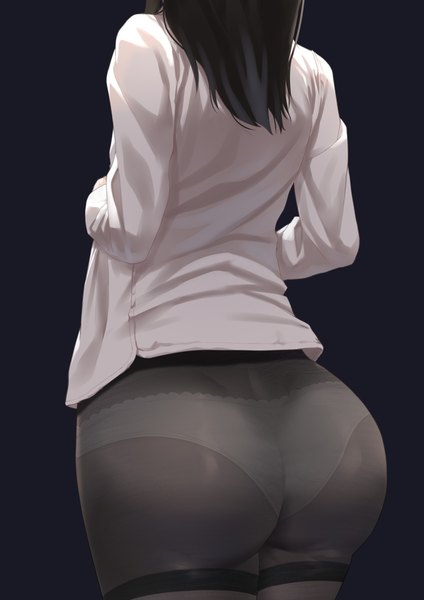 Anime picture 1060x1500 with original too-ye single long hair tall image light erotic black hair simple background standing ass from behind black background girl underwear panties shirt pantyhose white shirt black pantyhose white panties