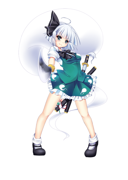 Аниме картинка 1000x1413 с touhou konpaku youmu myon kuru2pantu один (одна) высокое изображение смотрит на зрителя короткие волосы голубые глаза простой фон белый фон белые волосы призрак девушка платье оружие меч галстук бабочкой катана