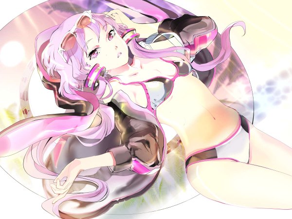 Anime picture 1200x900 with vocaloid yuzuki yukari 119 single long hair looking at viewer twintails pink hair lying pink eyes open clothes open jacket bare belly on back low twintails sunglasses on head girl navel swimsuit bikini