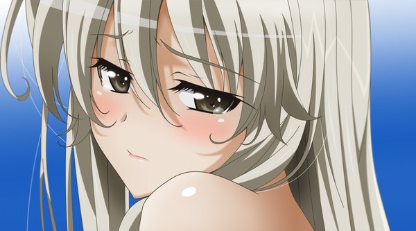 Anime picture 2306x1280 with yosuga no sora kasugano sora aki99 single long hair blush highres wide image bare shoulders brown eyes silver hair tears cute girl