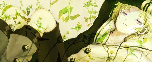 Anime picture 1413x580 with original sugi (artist) single short hair wide image purple eyes looking away lying green hair girl plant (plants) shorts boots sailor suit