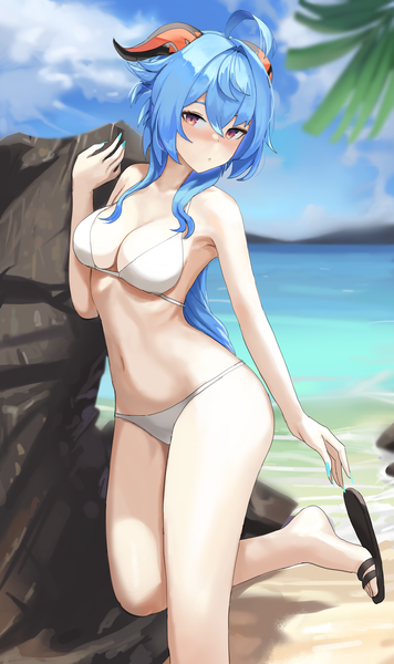 Anime picture 2199x3704 with genshin impact ganyu (genshin impact) dolri single long hair tall image looking at viewer blush fringe highres breasts light erotic hair between eyes red eyes large breasts standing payot blue hair sky cloud (clouds)