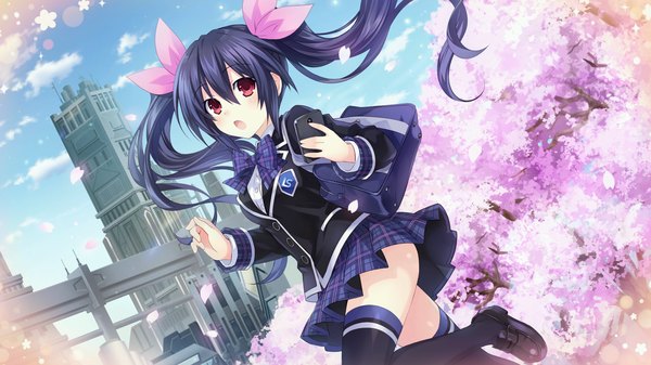 Anime picture 1920x1080 with choujigen game neptune shin jigen game neptune vii noire tsunako single long hair looking at viewer blush fringe highres open mouth light erotic black hair hair between eyes red eyes wide image twintails holding game cg cloud (clouds)