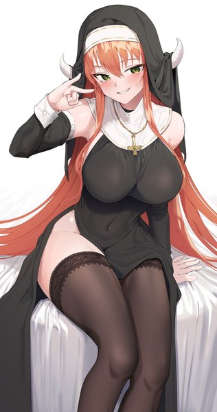 Anime picture 3000x5690 with original goback single tall image looking at viewer blush fringe highres breasts light erotic simple background hair between eyes large breasts sitting green eyes very long hair parted lips head tilt arm up horn (horns)