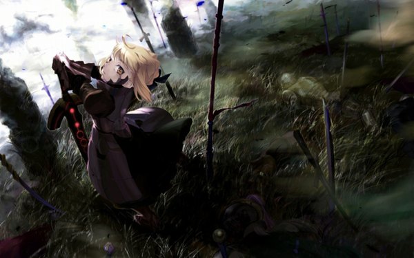 Anime picture 1680x1050 with fate (series) fate/stay night studio deen type-moon artoria pendragon (all) saber alter wide image weapon sword dark excalibur