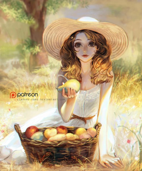 Anime picture 1000x1200 with original claparo-sans single long hair tall image looking at viewer smile brown hair sitting brown eyes signed lips sunlight arm support lipstick watermark strap slip red lipstick girl dress