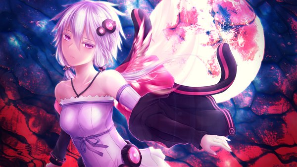 Anime picture 1920x1080 with vocaloid yuzuki yukari ume (rabbit punch!) single long hair looking at viewer highres wide image twintails pink hair pink eyes open clothes open jacket wallpaper low twintails girl dress hair ornament jacket moon