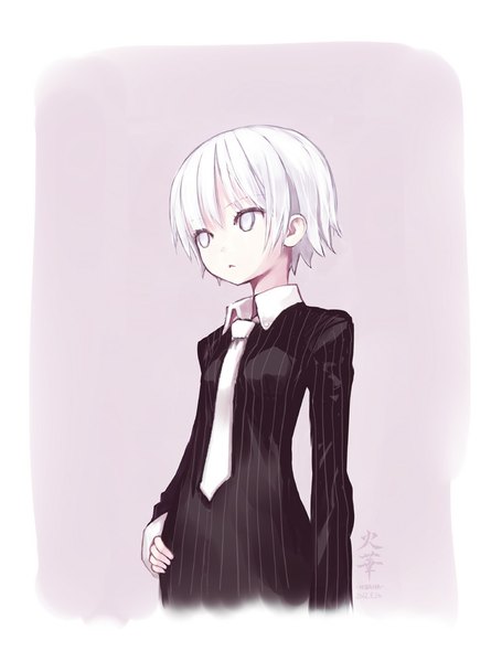 Anime picture 759x1000 with original capriccio single tall image short hair signed looking away white hair hand on hip white eyes no pupils girl necktie suit