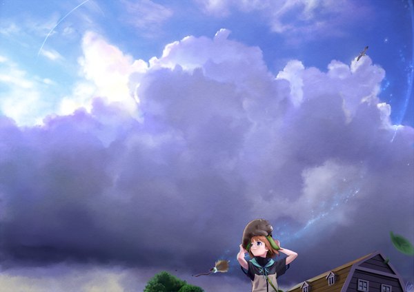 Аниме картинка 1947x1378 с оригинальное изображение cojibou один (одна) высокое разрешение короткие волосы голубые глаза каштановые волосы небо облако (облака) девушка животное метла