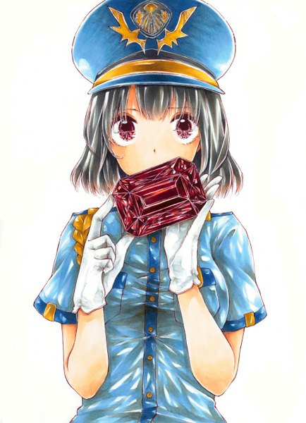 Anime picture 923x1274 with original kawana (spicaboy) single tall image looking at viewer blush short hair black hair simple background red eyes white background girl gloves uniform white gloves peaked cap crystal