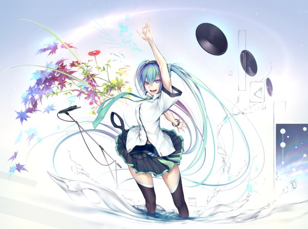 Anime picture 1800x1339 with vocaloid hatsune miku oki (koi0koi) single looking at viewer highres open mouth twintails very long hair aqua eyes aqua hair girl thighhighs skirt flower (flowers) black thighhighs shirt necktie microphone stand