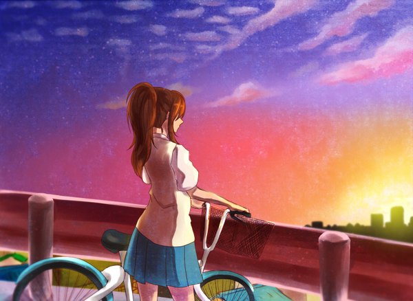 Anime-Bild 1400x1024 mit original udabi single long hair brown hair sky cloud (clouds) ponytail pleated skirt back evening sunset girl skirt building (buildings) ground vehicle bicycle