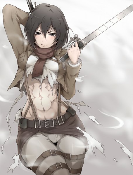 Anime picture 776x1024 with shingeki no kyojin production i.g mikasa ackerman ina (gokihoihoi) single tall image looking at viewer blush short hair black hair holding black eyes grey background bare belly arm behind head muscle dual wielding girl navel weapon