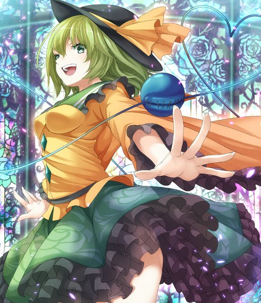 Anime picture 1720x2000 with touhou komeiji koishi mikoma sanagi single tall image highres short hair open mouth green eyes green hair wide sleeves teeth heart of string girl skirt hat petals frills heart blouse