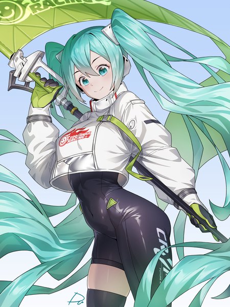 Anime picture 3000x4000 with vocaloid goodsmile racing hatsune miku racing miku racing miku (2022) radjeong single tall image fringe highres smile hair between eyes twintails very long hair aqua eyes aqua hair zettai ryouiki gradient background covered navel arched back