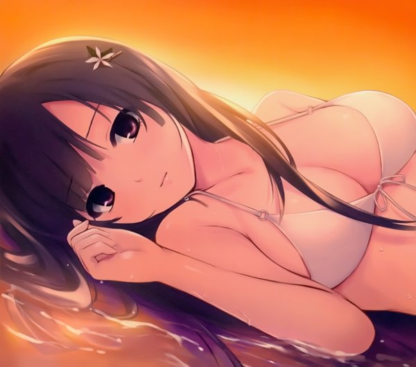 Anime picture 2984x2631 with original coffee-kizoku single long hair fringe highres breasts light erotic brown hair large breasts purple eyes looking away sky lying evening sunset girl hair ornament swimsuit bikini