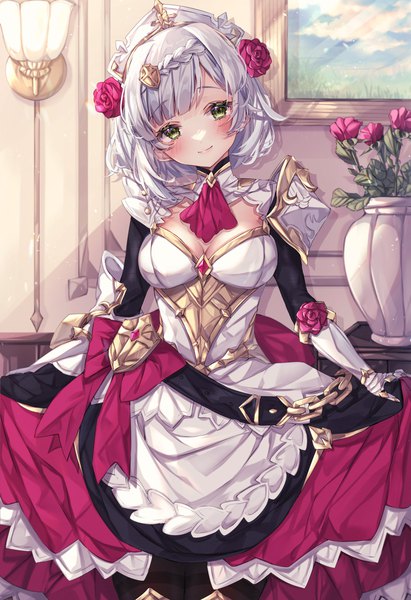 Anime picture 1403x2048 with genshin impact noelle (genshin impact) sorashima (117) single tall image looking at viewer blush short hair smile green eyes silver hair indoors head tilt girl flower (flowers) armor rose (roses) armored dress picture vase